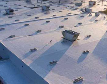 Close-up of a white, flat commercial roof with AC units and skylights